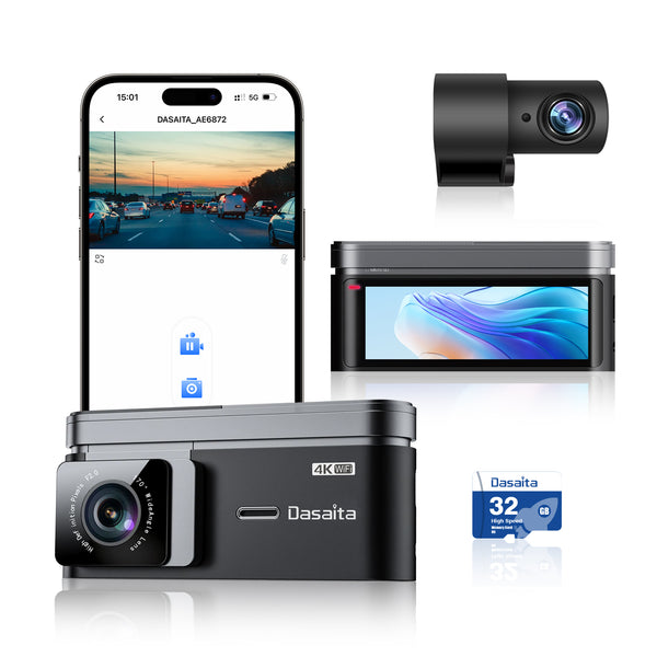 Dasaita 4K Dash Cam Set - High Resolution 2160P Front & 1080P Rear Cameras with Wide-Angle, WiFi, Night Vision, WDR & Loop Recording Features, Compact 3.2" IPS HD Display - Car Charger Included - Model DAS-U3s