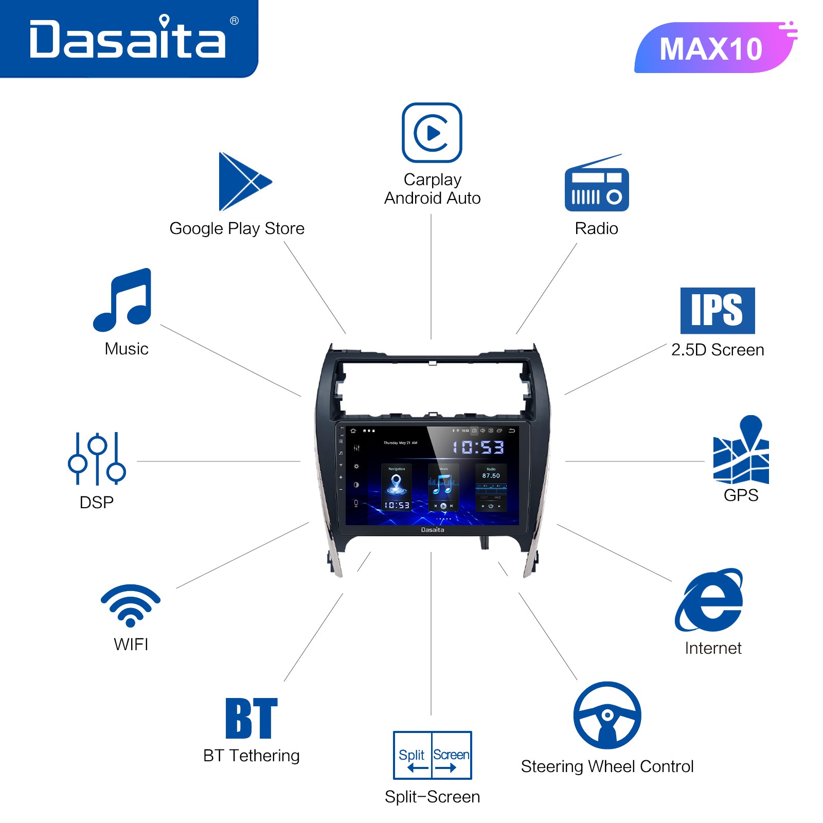 Dasaita MAX Toyota Camry 2012 2013 2014 Car Stereo 10.2 Inch Carplay  Android Auto PX6 4G+64G Android10 1280*720 DSP AHD Radio